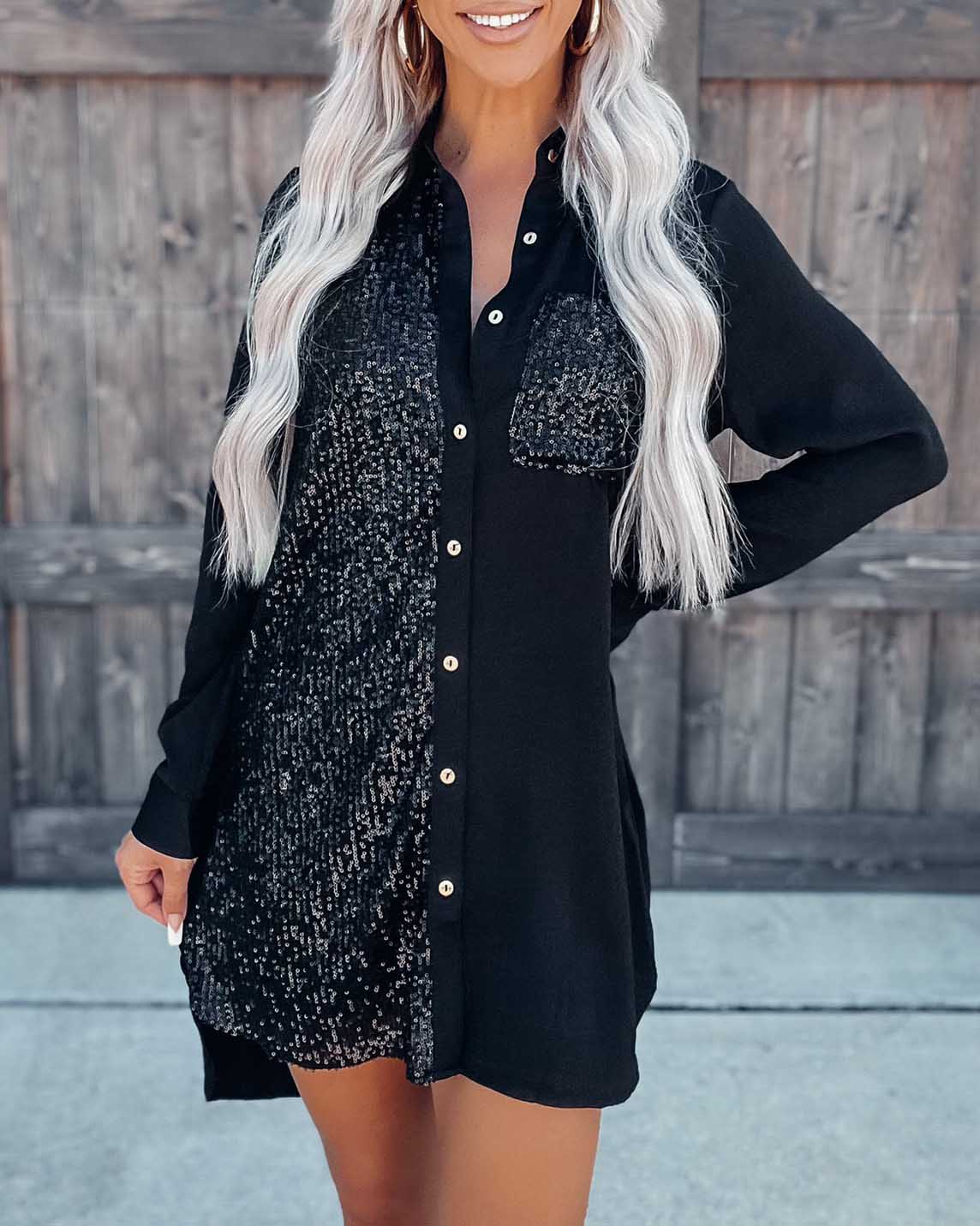 SATIN SEQUIN BUTTON DOWN DRESS