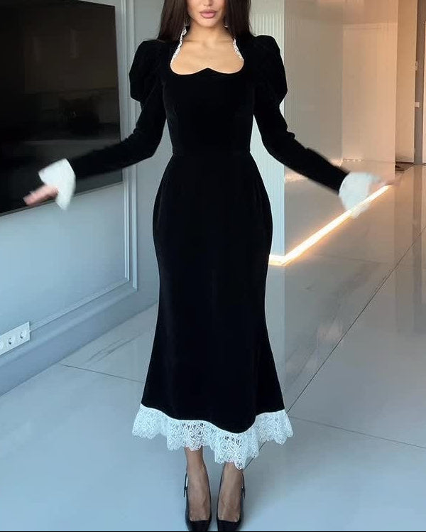 Sexy Open Collar Slim Lace Trim French Midi Dress