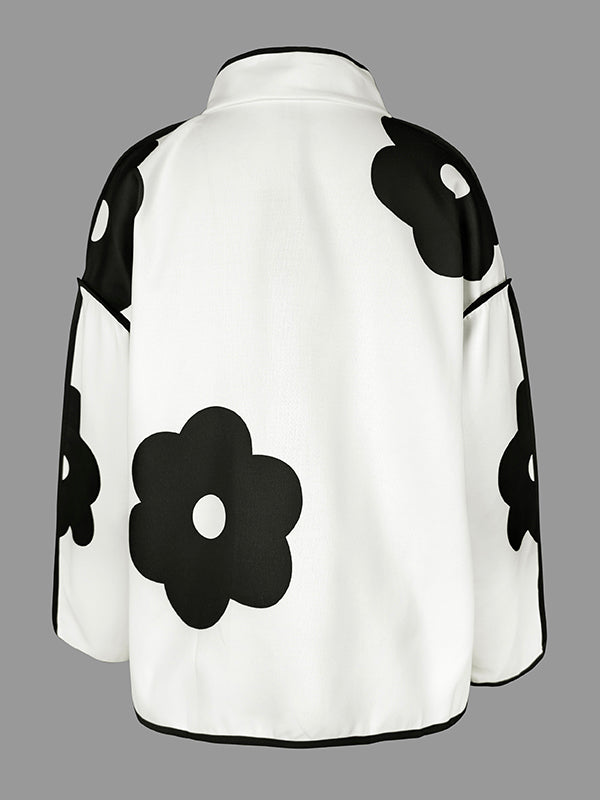 Long Sleeves Loose Contrast Color Flower Print Split-Joint Stand Collar Jackets Outerwear