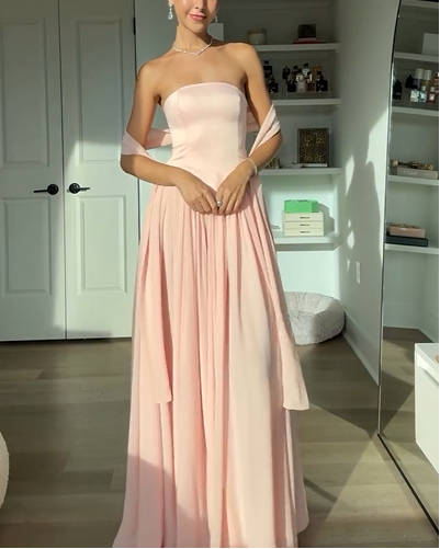 Sexy Tube Top Stitching Solid Color Graceful Pleated Maxi Dress
