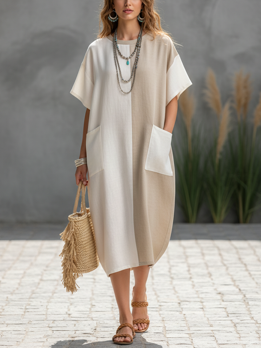 Women's Casual White & Khaki Color-Block Cotton-Linen Short Sleeve Large Pockets Loose Fit Midi Dress