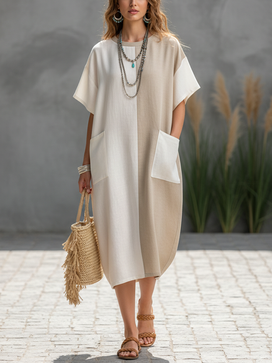 Women's Casual White & Khaki Color-Block Cotton-Linen Short Sleeve Large Pockets Loose Fit Midi Dress