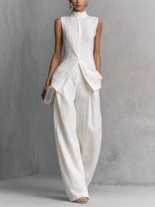 Women's Elegant White Cotton Linen Sleeveless Top and Wide-Leg Pants Set