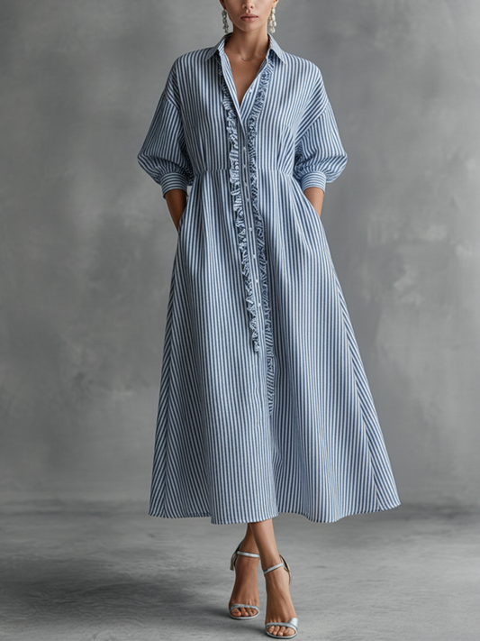 Women's Elegant Blue And White Striped Cotton Blend Ruffled Long Shirt Dress