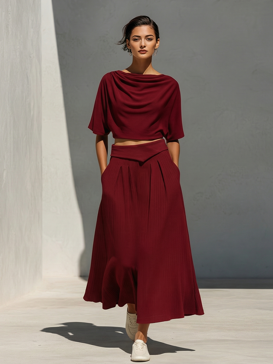 Women's Burgundy Lightweight Knit Set With Relaxed Fit & Side Pockets, Contemporary Effortless-Resort Style Set