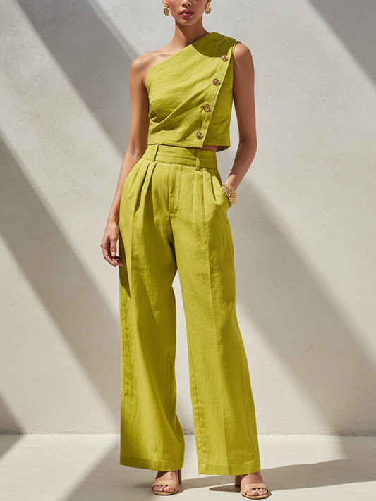 Women's Fashion Lemon Green Cotton Linen One-Shoulder Metal Buckle Top And Wide-Leg Pants Set