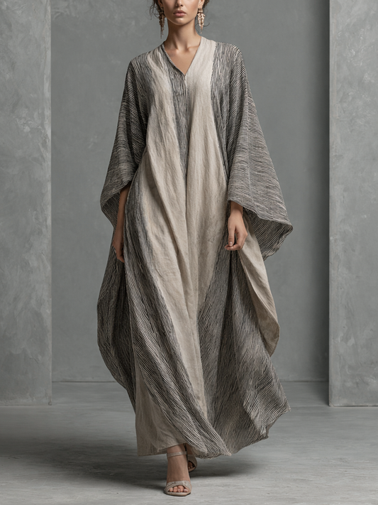 Women's Boho Striped V-Neck Cotton Linen Oversized Kaftan Maxi Dress