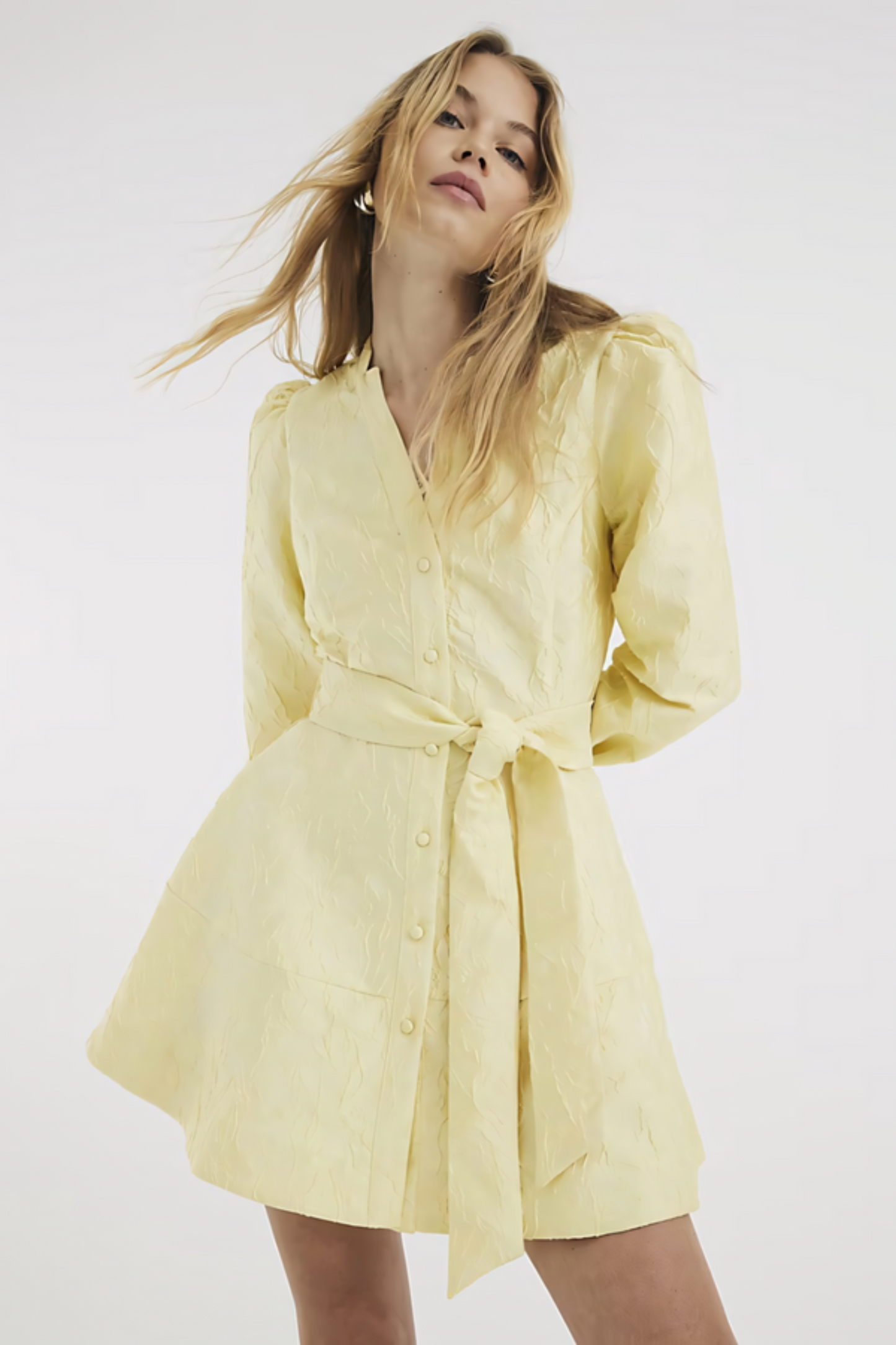 Yellow Belted Jacquard Mini Dress