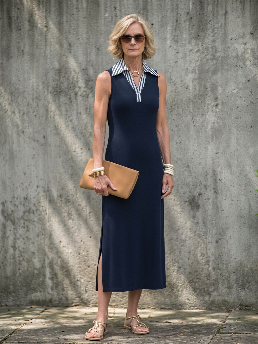 Women's Dark Blue Sleeveless Polo Dress With Contrast Collar, Modern Minimalist Everyday Midi Dress