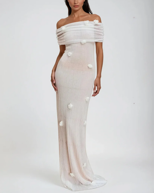 Sexy off-the-Shoulder Flowers Hip Knitwear Hollow Dress