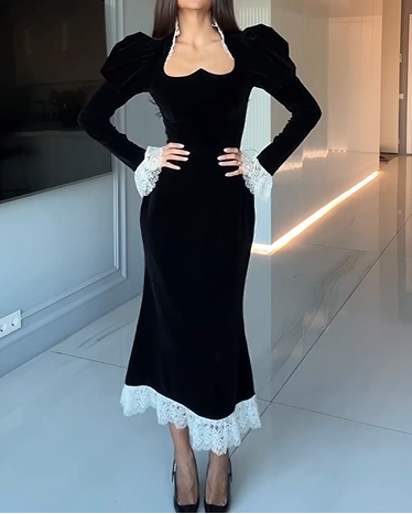 Sexy Open Collar Slim Lace Trim French Midi Dress