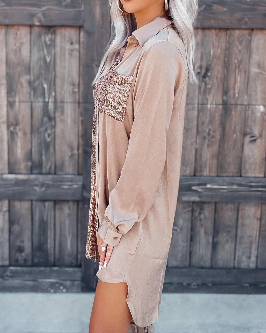 SATIN SEQUIN BUTTON DOWN DRESS