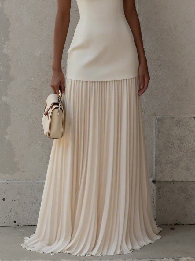 Elegant Pleated Classic Boat Neck Pleated Maxi Dress
