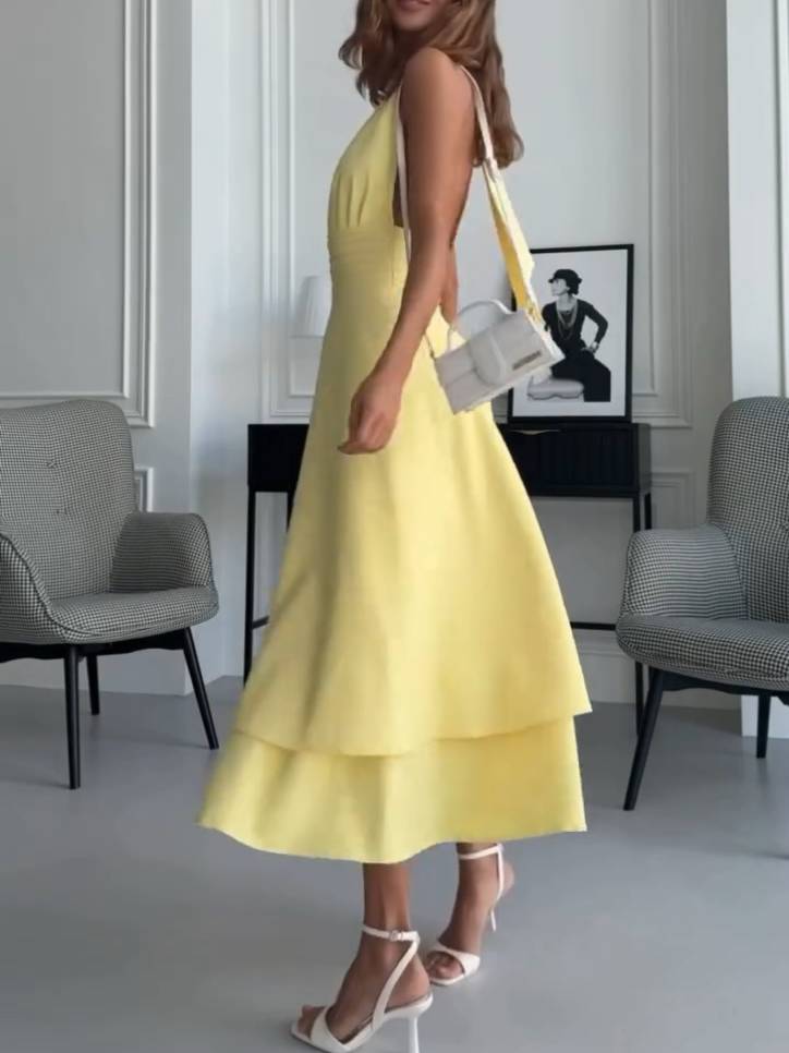 Deep V Halter Neck Double-layer Midi Dress