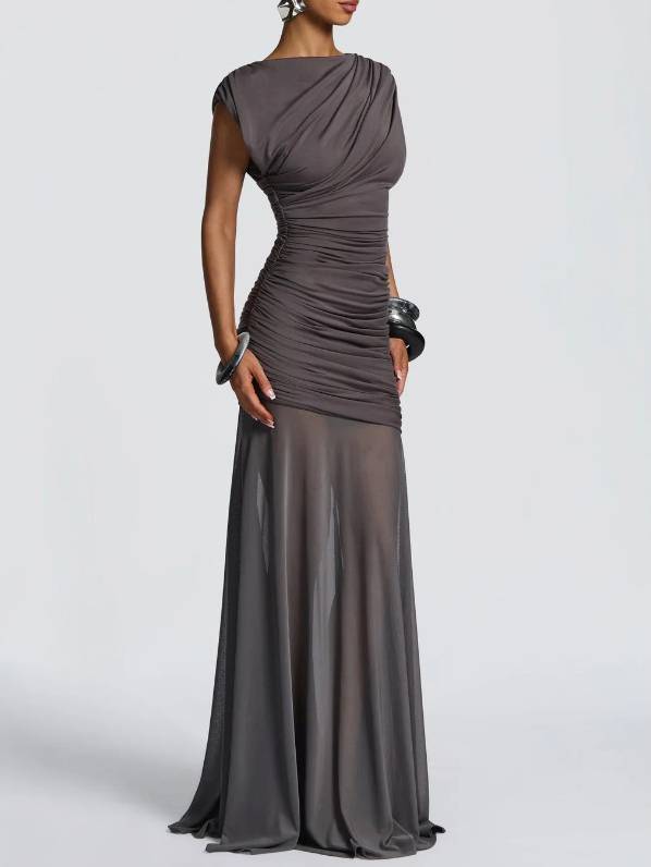 Pleated Design Spliced See-through Skirt Maxi Dress
