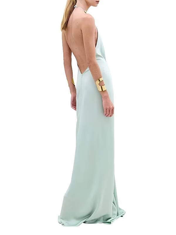 Deep V Halter-Neck Backless Metal Buckle Decoration Maxi Dress
