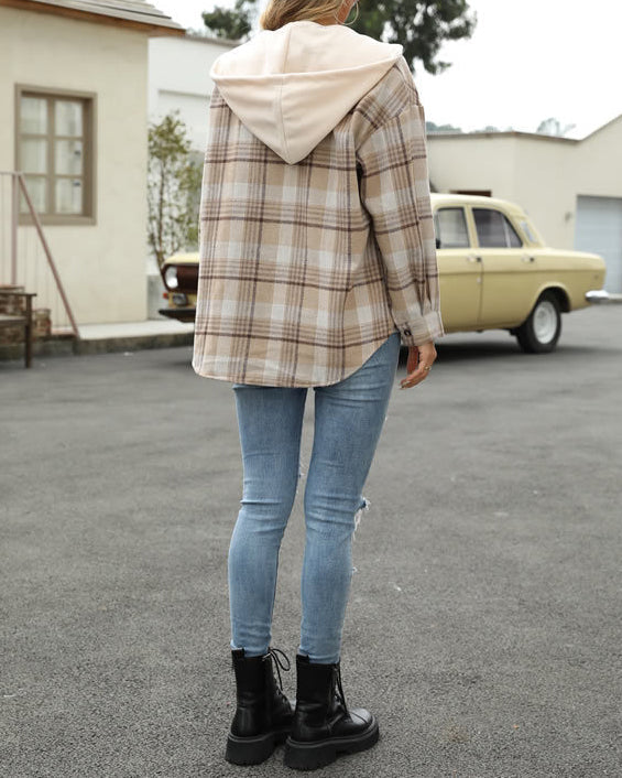 HOODED POCKET PLAID SHIRT