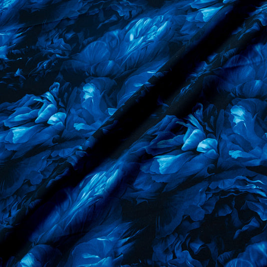 Dark Blue Floral Printed Pure Silk Marocain Crêpe
