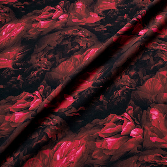 Deep Red Floral Printed Pure Silk Marocain Crêpe