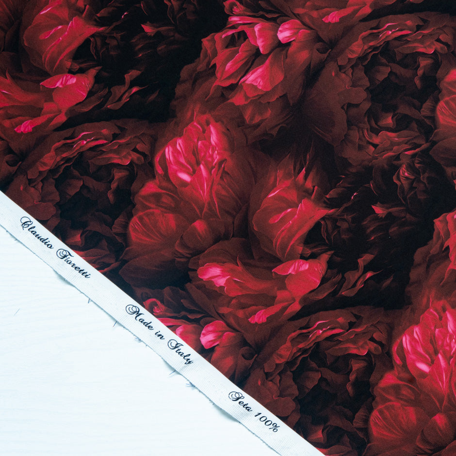 Deep Red Floral Printed Pure Silk Marocain Crêpe