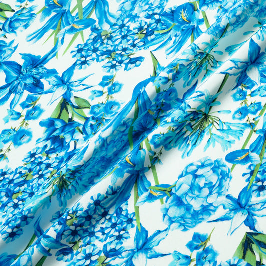 Blue Multi Floral Printed Silk Marocain Crêpe