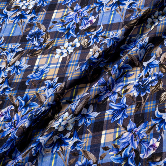 Blue Floral & Tartan Printed Pure Merino Wool