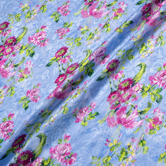 Pink Floral Printed Rich Blue Silk Jacquard Chiffon