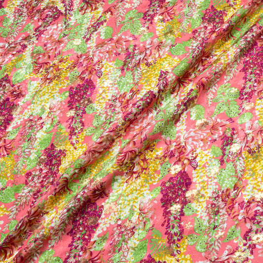 Green & Yellow Floral Pink Silk Metallic Jacquard