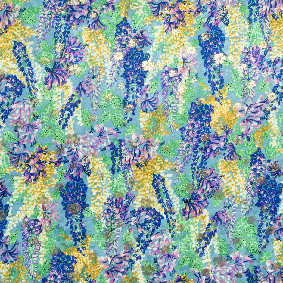Yellow & Green Floral Blue Silk Metallic Jacquard