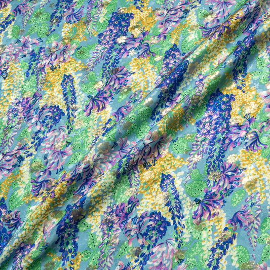 Yellow & Green Floral Blue Silk Metallic Jacquard