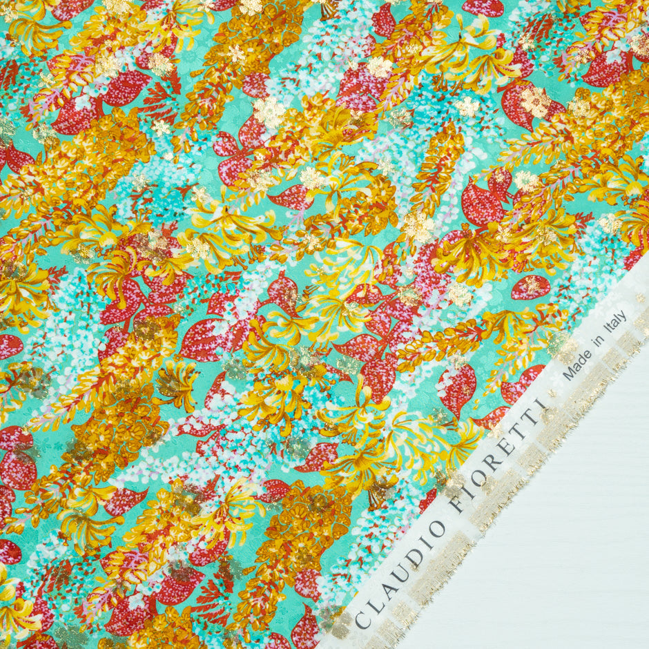 Deep Yellow & Red Floral Mint Silk Metallic Jacquard