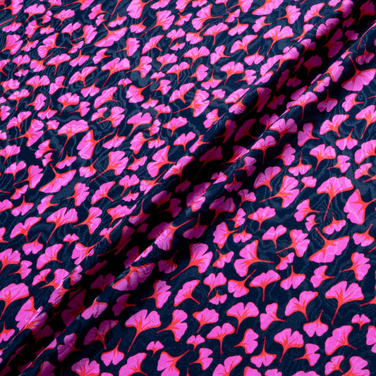 Pink & Red Ginko Leaf Printed Pure Silk Jacquard