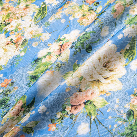 Orange Floral Printed Blue Jacquard Silk Organza