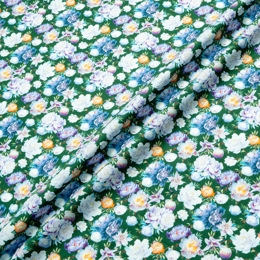 Lilac Floral Printed Deep Green Cotton