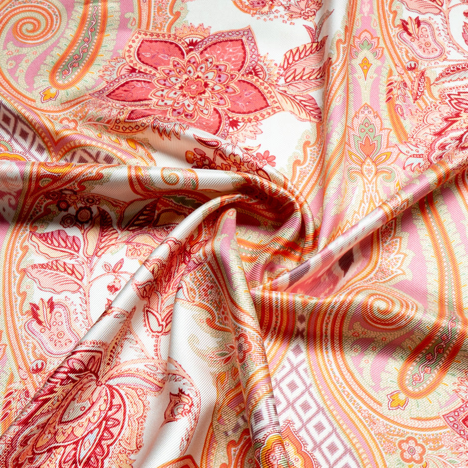 Orange & Pink Paisley Printed Double Silk Twill