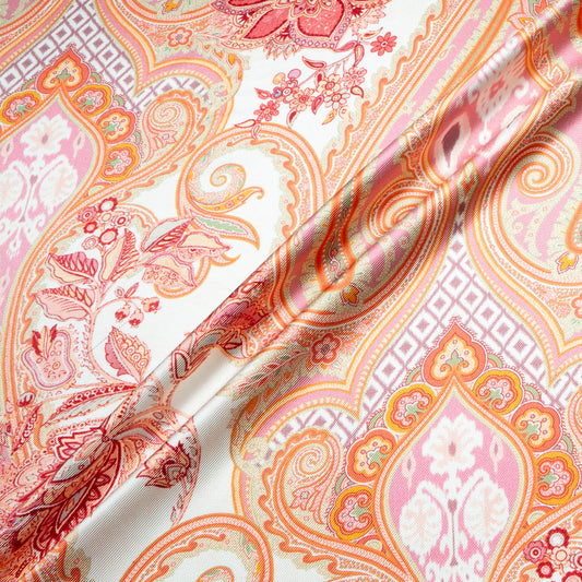 Orange & Pink Paisley Printed Double Silk Twill