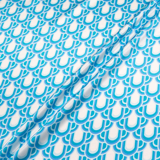 Blue, Teal & White Geo Printed Silk Satin