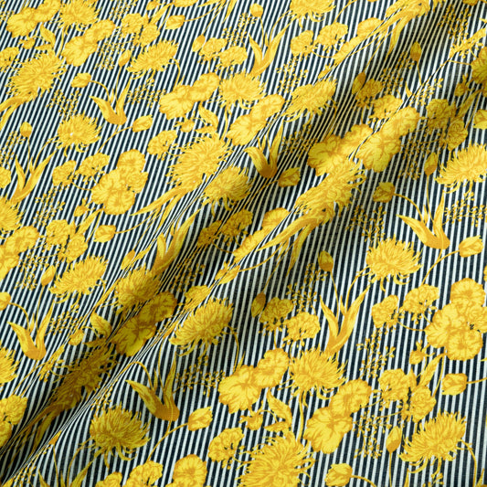 Yellow Floral Blue Striped Printed Linen