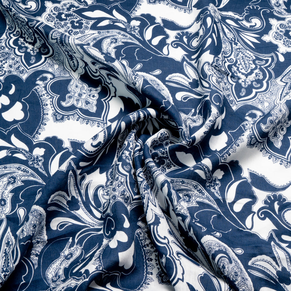 Navy Printed White Pure Linen