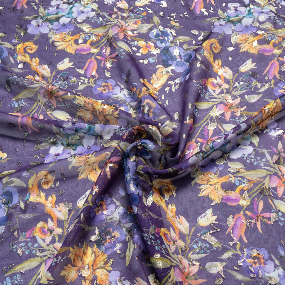 Multi Floral Printed Purple Jacquard Georgette