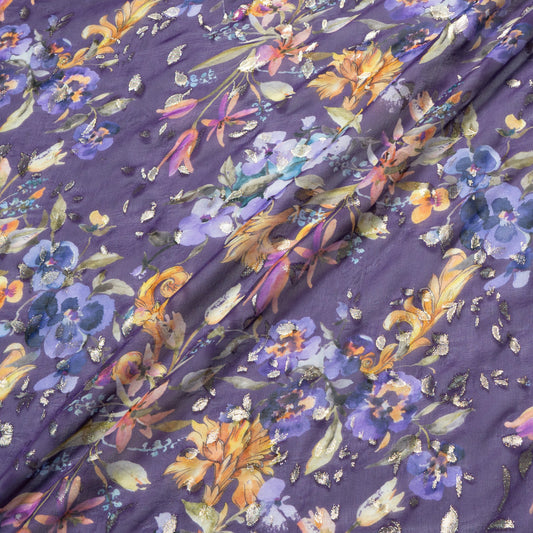 Multi Floral Printed Purple Jacquard Georgette