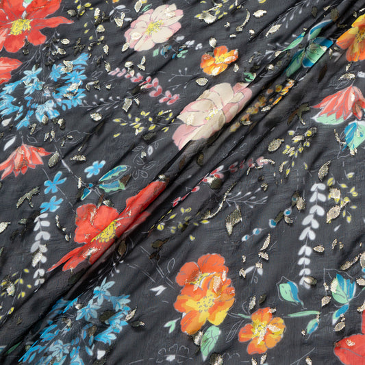 Multi Floral Printed Black Jacquard Georgette