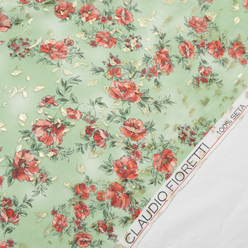 Poppy Printed Green Silk Metallic Jacquard Georgette