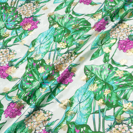 Fuchsia Floral Printed White Silk Metallic Jacquard