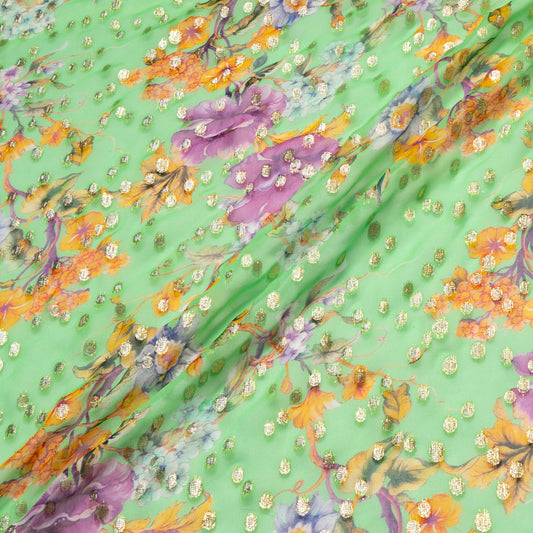Orange Floral Printed Mint Silk Georgette Jacquard