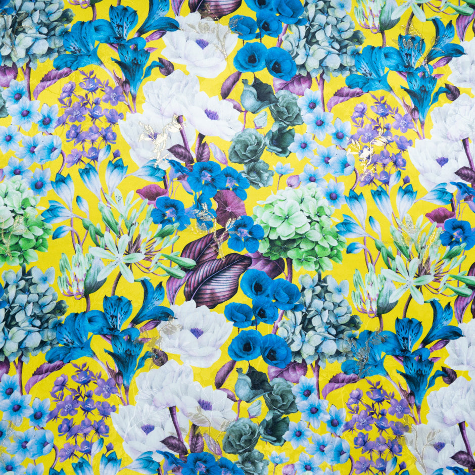 Multi Floral Printed Yellow Silk Jacquard