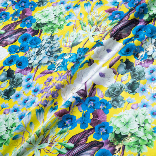 Multi Floral Printed Yellow Silk Jacquard