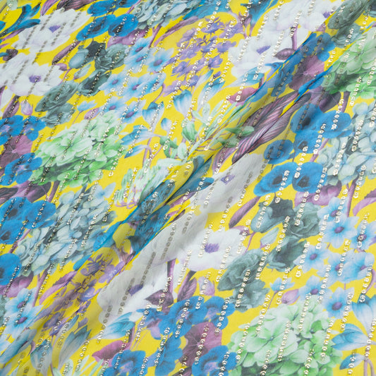Multi Floral Printed Yellow Silk Georgette Jacquard