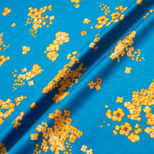 Yellow Floral Printed Rich Blue Luxury Cotton