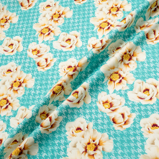 Floral Printed Aqua Blue Dogtooth Cotton